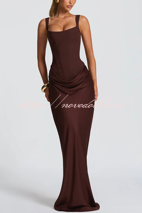 Larrah Square Neck Back Lace-up Satin Drape Hem Maxi Dress