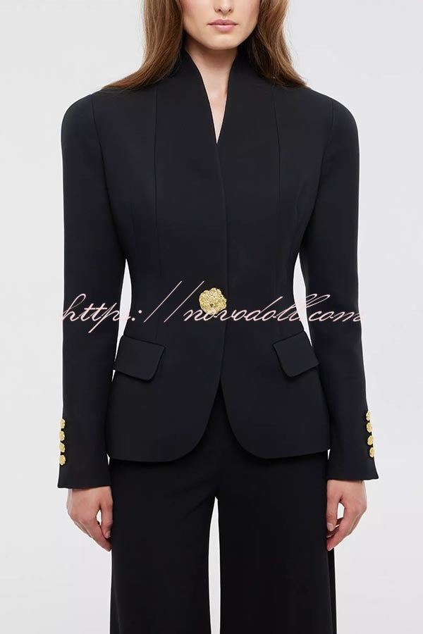 Classic Luxury Unique Metal Button Stand Collar Long Sleeve Blazer