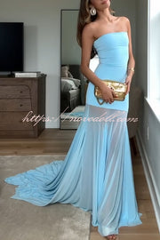 Blue Sky Off Shoulder Contrast Sheer Mesh Fabric Stretch Maxi Dress