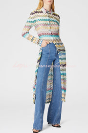 Anna Knit Colorful Herringbone Print Shirt Neck Button Long Sleeve Slim-fit Long Cardigan