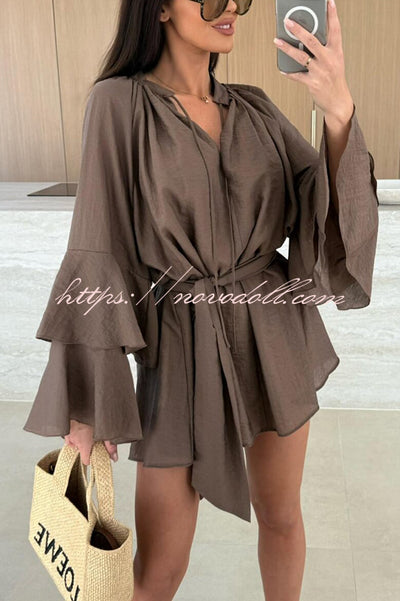 Molly Linen Blend Tiered Bell Sleeve Tie-up Cover-up Mini Dress