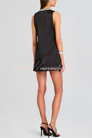 Elegant Demeanor Satin Gemstone Trim Deep V-Neck Tank H-line Mini Dress