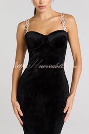Harley Luxurious Velvet Fabric Jewel-embellished Shoulder Straps Midi Dress