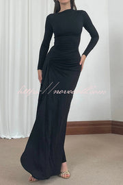 Venus Long Sleeve Ruched Side Slit Drape Ruffles Back Lace-up Stretch Maxi Dress