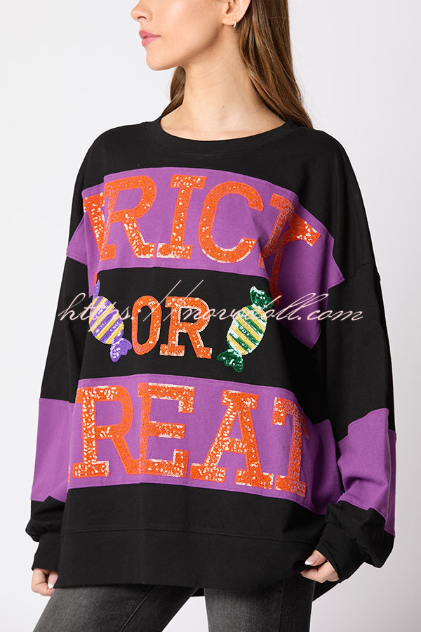 Halloween Letter Sequined Color Block Loose Casual Sweatshirt