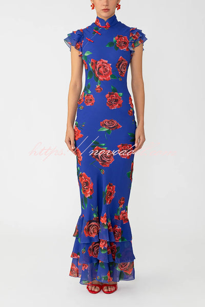 Cheongsam Style Rose Print Layered Trumpet Sleeves Stand Collar Maxi Dress