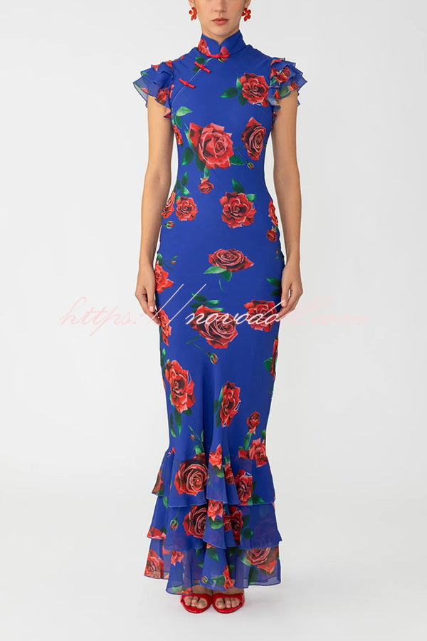 Cheongsam Style Rose Print Layered Trumpet Sleeves Stand Collar Maxi Dress