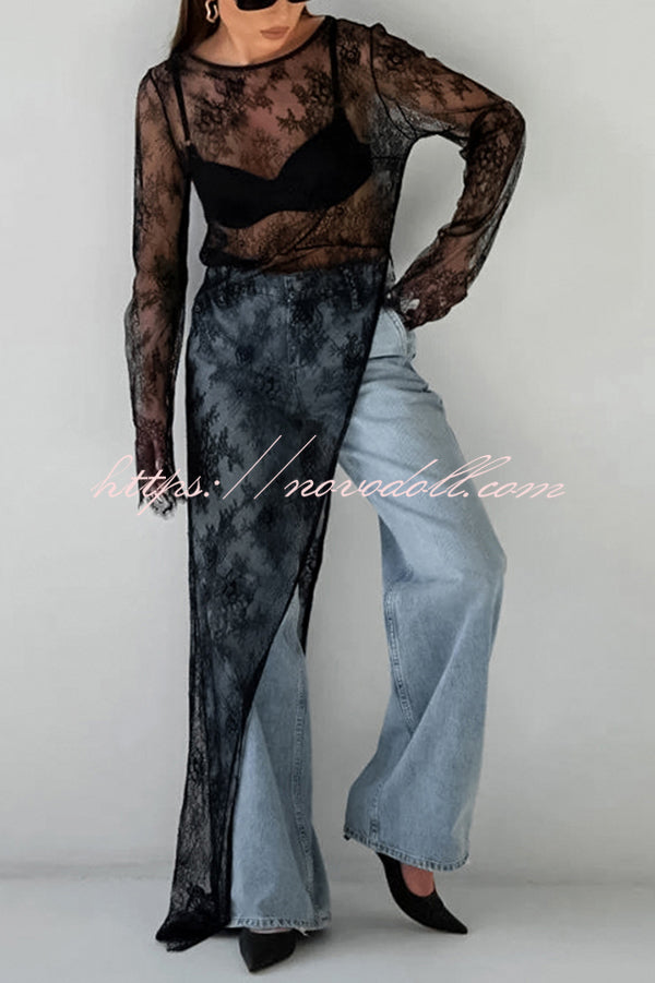 Sexy Openwork Lace Long-sleeved Asymmetrical Casual Top
