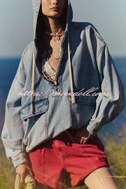 Fashion Loose Pocket Casual Denim Zipper Hoodie