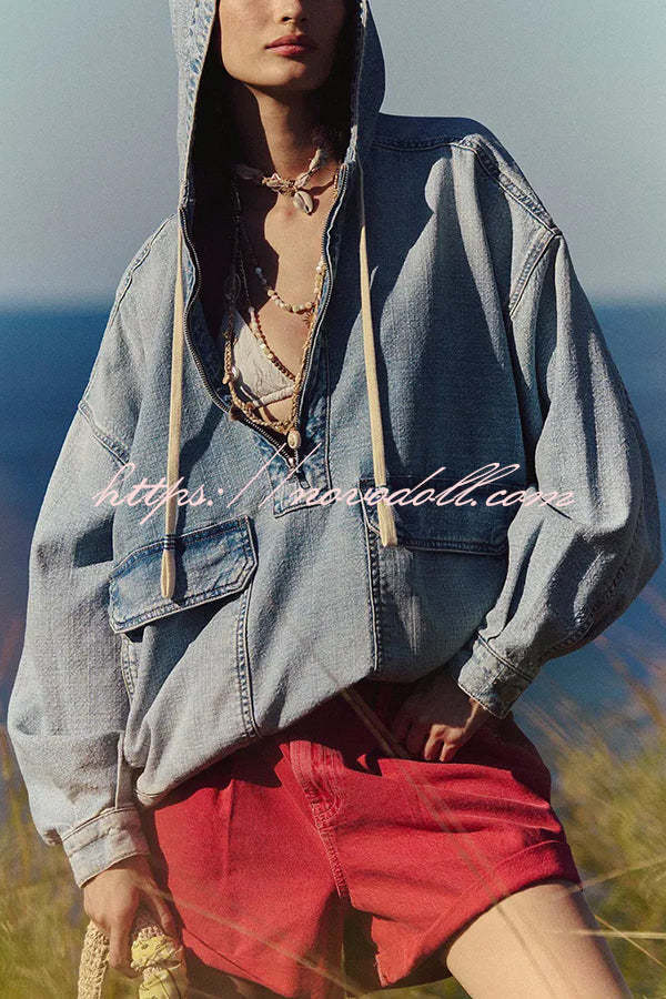 Fashion Loose Pocket Casual Denim Zipper Hoodie