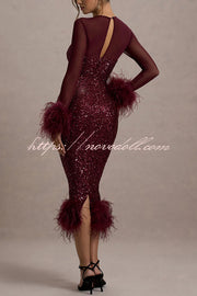 Glamor and Drama Mesh Sequin Patchwork Feather Trim Stretch Midi Dress