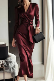 Solid Color Satin V-neck Long Sleeve Waist Tie Slim Midi Dress