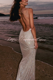 Midnight Fantasy Sequin Mesh Shoulder Strap Open Back Stretch Maxi Dress