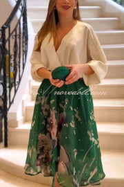 Tessy Batwing Sleeve Top and Floral Elastic Waist Pearls Detail High Low Midi Skirt Set