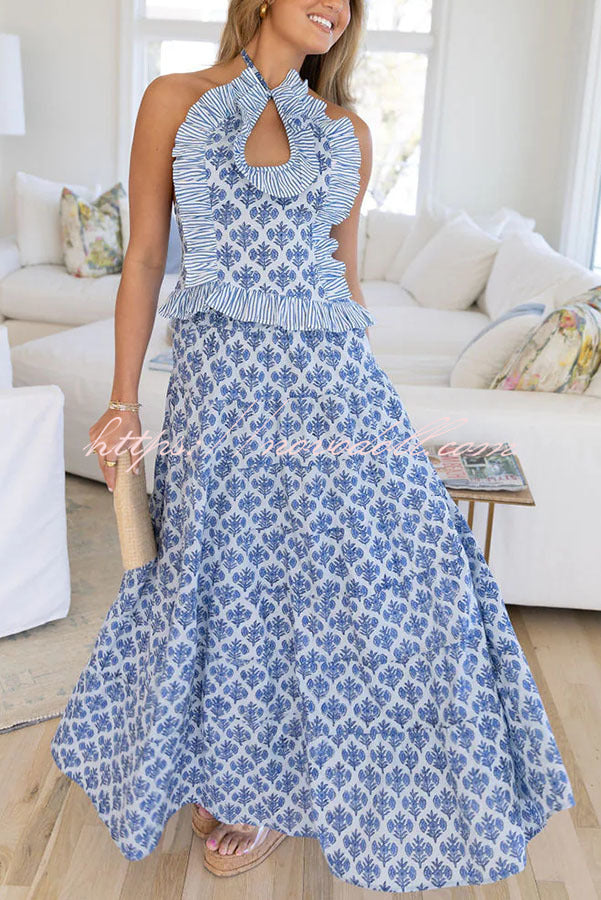 Tatum Printed Ruffle Trim Halter Top and Elastic Waist Flowy Maxi Skirt Set