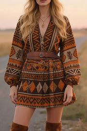 Bohemian Unique Print Long Sleeve Belted Mini Dress