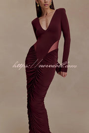 Sexy See-through Long-sleeved V-neck Pleated Slim-fit Maxi Dress