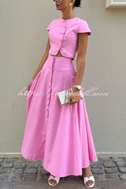 Solid Color Round Neck Button Crop Top and Elegant High Waist Slit Maxi Skirt Set