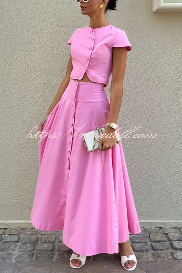 Solid Color Round Neck Button Crop Top and Elegant High Waist Slit Maxi Skirt Set