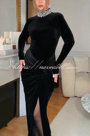 Love Lost Velvet Embellished High Neck Long Sleeve Twist Slit Maxi Dress