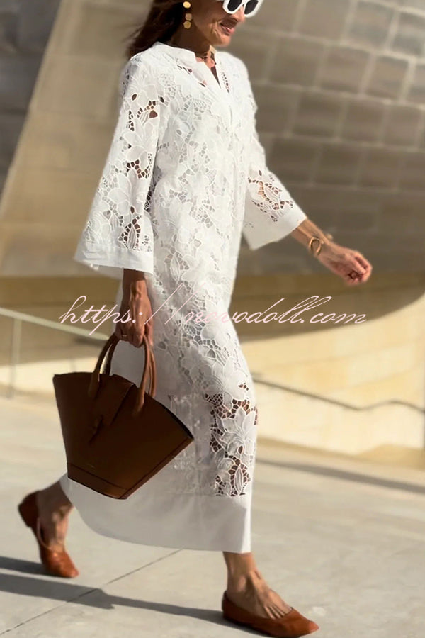 Confidence and Adventure Flower Lace V-neck Bell Sleeve Loose Midi Dress