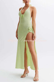 Linnie Knit Flower Pendant Halter Backless Slit Stretch Maxi Dress