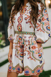 Fun and Vibrant Linen Blend Unique Print Puff Sleeve Pocketed Shirt Mini Dress