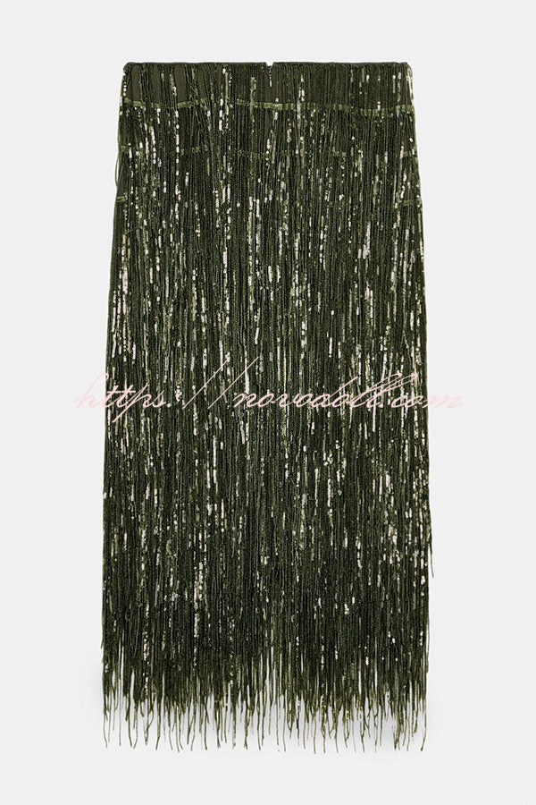 Party Crasher Layered Sequined Tassels High Rise Back Zipper Midi Skirt