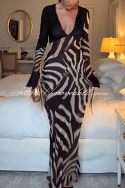 City Night Chiffon Colorblock Animal Print Tie-up Long Sleeve Maxi Dress