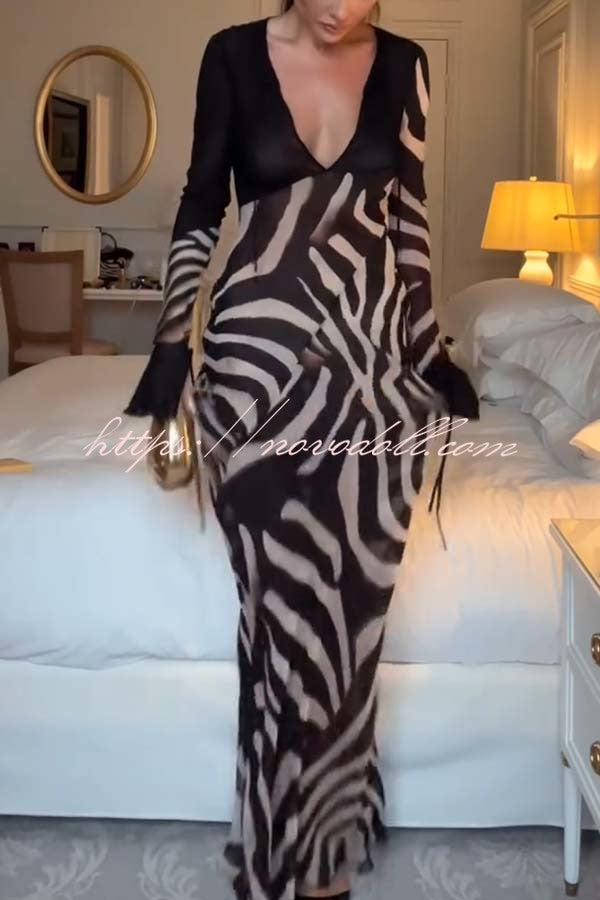 City Night Chiffon Colorblock Animal Print Tie-up Long Sleeve Maxi Dress