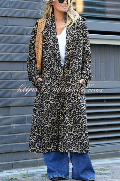 Leopard Affair Animal Print Epaulettes Long Sleeve Pocketed Lapel Midi Trench Coat
