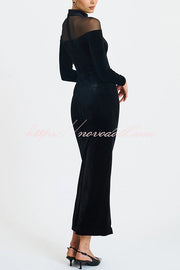 Fashionable Velvet and Mesh Spliced long-sleeved Slim-fit Maxi Dress