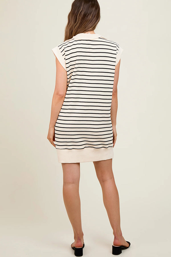 Striped Print Zipper Lapel Sleeveless Casual Mini Dress