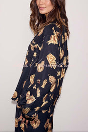 Golden Night Unique Print Color-block Trim Loose Shirt and Elastic Waist Pocketed Pajama Set