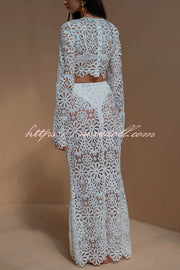 Balmy Summers Crochet Lace Floral Pattern Elastic Waist Fishtail Vacation Maxi Skirt