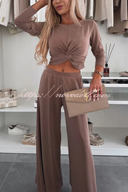 Solid Color Round Neck Long Sleeve Twist Crop Top and Elastic Waist Pocket Wide Leg Pants Set