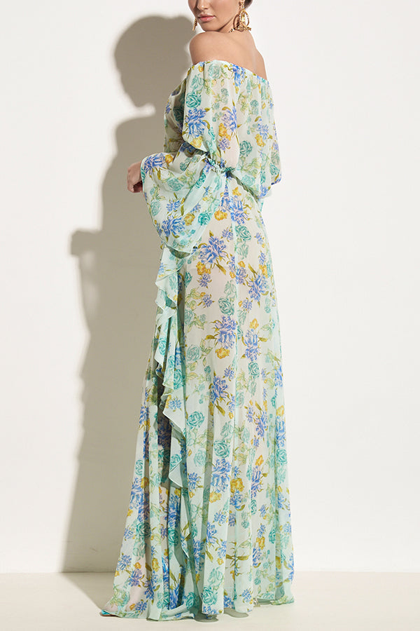 Joyful Journeys Off Shoulder Floral Print Elastic Waist Ruffle Maxi Dress