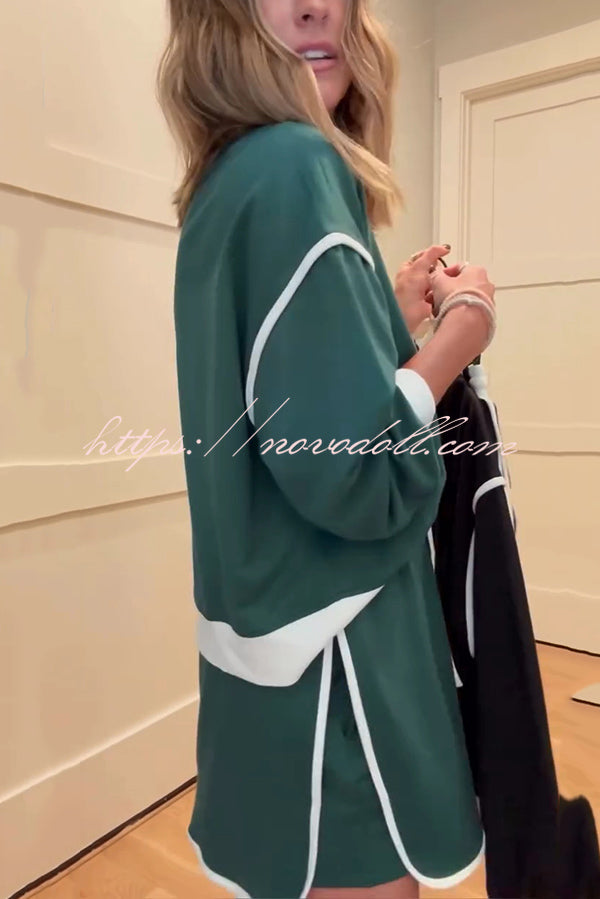 Fashion Round Neck Long Sleeve Spliced Casual Top and Elastic Waist Loose Shorts Set