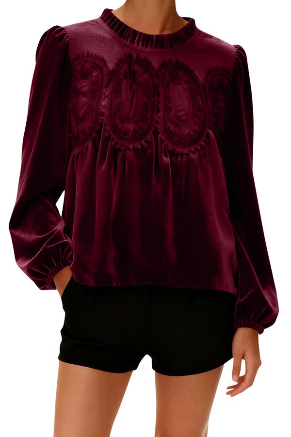 Fashionable Velvet and Lace Patchwork Loose Long-sleeved Top