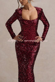 My Dream Sequin Square Neck Long Sleeves Slit Maxi Dress