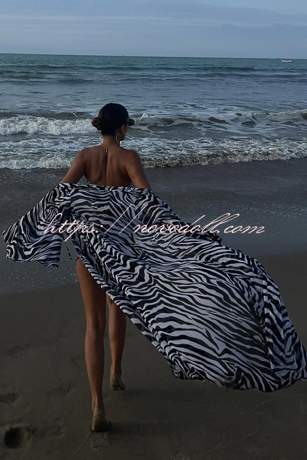 Marsie Zebra-print Elastic Drawstring Waist Long Bell Sleeve Cover-up Kimono