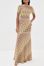Moonlit Waltz Knit Jacquard Zigzag Print High Rise Stretch Flare Maxi Skirt