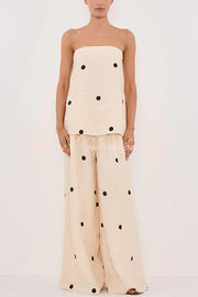 Linen Blend Polka Dot Bandeau Top and Elastic Waist Pocket Wide Leg Pants Set