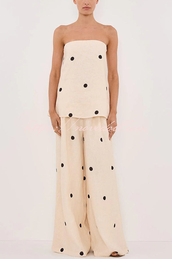 Linen Blend Polka Dot Bandeau Top and Elastic Waist Pocket Wide Leg Pants Set