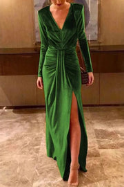 Solid Color Velvet V-neck Long Sleeve Elegant Slit Maxi Dress