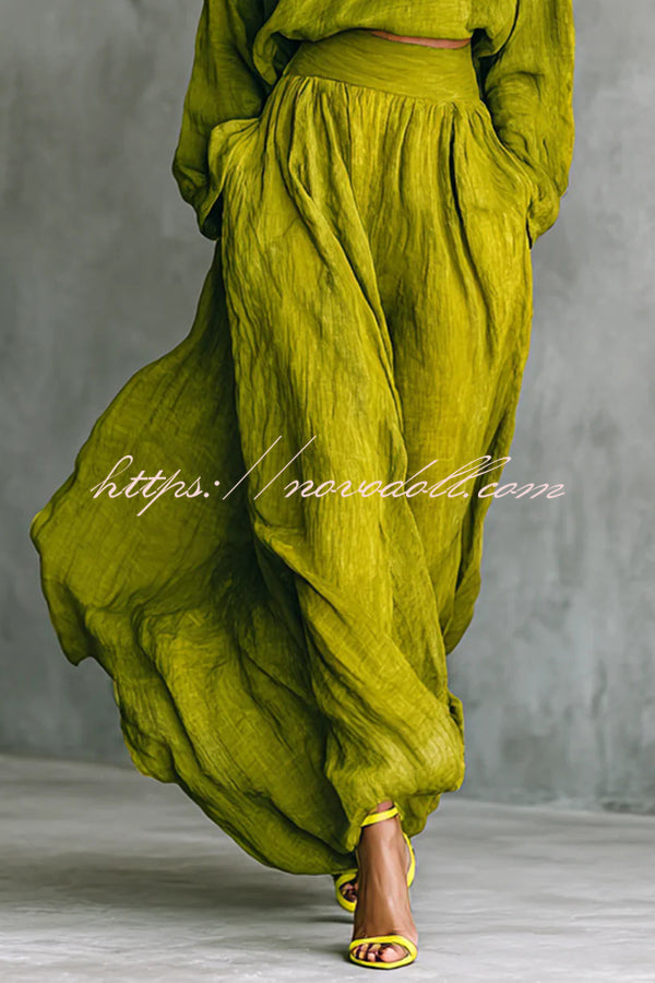 Linen Blend Solid Color Loose Long-sleeved Top and High-waisted Casual Pocket Maxi Skirt Set