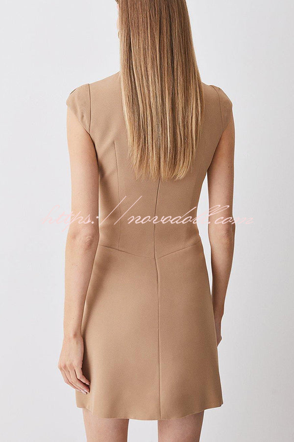 Military Style Cap Sleeve High Neck Patchwork Pleated Hem Mini Dress