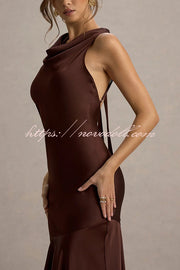 Timeless Sophistication Satin Cowl Detail Back Self-tie Halter Neck Maxi Dress