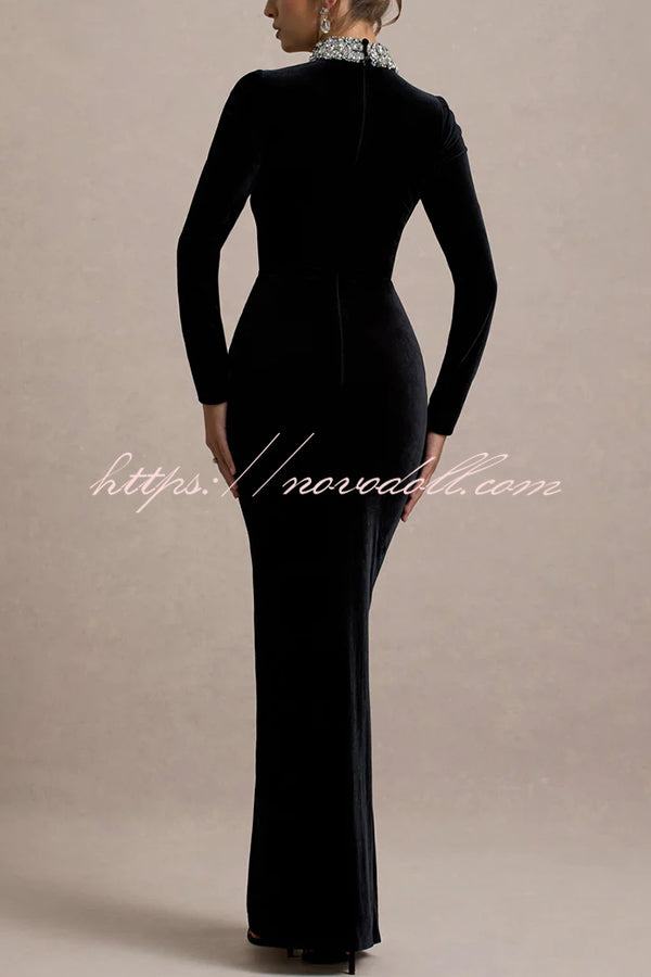 Love Lost Velvet Embellished High Neck Long Sleeve Twist Slit Maxi Dress