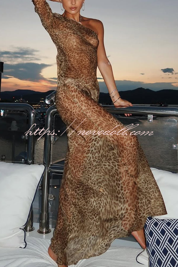 Leopard Print One Sleeve Sexy See-Through Fit Maxi Dress